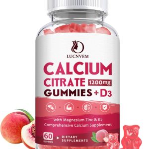 Calcium Citrate 1200mg with Vitamin D3 Gummies, Calcium Gummies with Vitamin D3 for Women & Men, Calcium Magnesium Zinc for Bone Muscle Healthy- Natural White Peach Flavor- 30 Day Supply