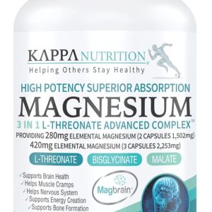 (120 Capsules), 2,253mg Per Serving, Providing 420mg Elemental Magnesium, L-Threonate, Bisglycinate Chelate, Malate, from Kappa Nutrition.