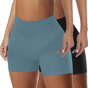 AURUZA 1-2PCS Workout Shorts Women, High Waist Biker Seamless Ribbed Athletic Yoga Gym Shorts Leggings, Blue, Solid