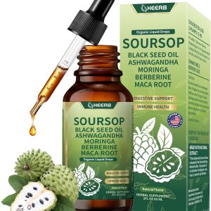 Soursop Bitters Liquid Drops with Black Seed Oil Ashwagandha Moringa Maca Root Organic Soursop Graviola Liquid Drop for Digestion Immune Health Liver Cell Support Antioxidant, 2 Fl Oz 60ML