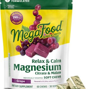 MegaFood Relax + Calm Magnesium Supplement - Soft Chews with Magnesium Citrate & Malate for Heart Health, Muscle Tension & More - Vegetarian - Grape-Flavor - 60 Chews (30 Servings)
