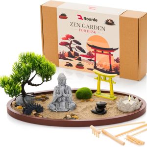 Zen Garden for Desk 13x8in – Japanese Decor with Buddha, Bonsai Tree, Tools & Accessories – Mini Zen Garden Kit for Office Desk, Home, Meditation Room, Desktop Gift Set, Sand Tray Therapy
