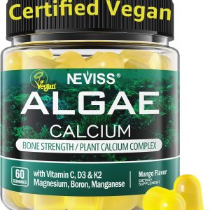 NEVISS Calcium Gummies for Women, Sugar Free Calcium Supplement with Vitamin D3 K2, C, Zinc, Boron, Sustainable Algae (3rd Party Tested) for Bone Strength, Calcium Absoption, Vegan, 60 Counts
