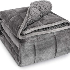 Wemore Sherpa Fleece Weighted Blanket for Adult, 15 lbs Dual Sided Cozy Fluffy Heavy Blanket, Ultra Fuzzy Throw Blanket with Soft Plush Flannel Top, 48 x 72 inches, Grey on Both Sides