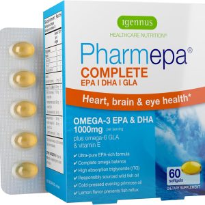 Igennus Pharmepa Complete EPA 668mg & DHA 334mg Omega-3 Fatty Acids 1000mg, rTG Form, High Potency Fish Oil Plus Omega-6 & 9 from GLA Evening Primrose Oil, IFOS Certified, Lemon Flavor, 60 Softgels