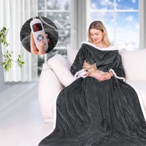 Wearable Heated Blanket with Sleeves, Electric Heated Blanket for Gifts, Electric Throw Wrap Poncho Shawl with Pockets, 6 Heating Levels & 4 Hours Time Settings, 50 x 70 Inch (Grey)
