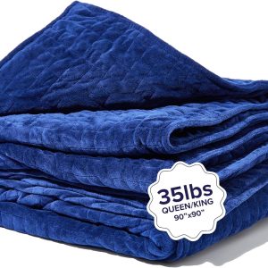 Weighted Blankets for Adults, 35lbs Navy (90" x 90", Queen/King) - Heavy Comfort Cotton Blanket with Glass Beads - Utra-Soft Premium Breathable Microfiber Duvet Cover - Machine Washable