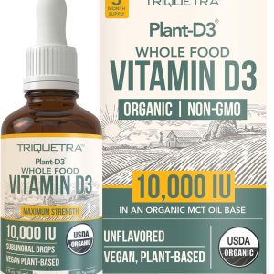 Organic Vitamin D3 10,000 IU - Plant D3, Vegan, Max Strength Sublingual Liquid D3 Drops - 200% Higher Absorption, 100% Plant-Based Cholecalciferol Form & Vegan D3, Adjustable Dosing (30 Servings)