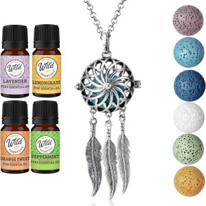 Wild Essentials Dream Catcher Necklace Essential Oil Diffuser Kit With Lavender, Lemongrass, Peppermint, Orange Oils, 6 Lava Stones, Calming Aromatherapy Gift Set, Customizable Color Changing, Perfume