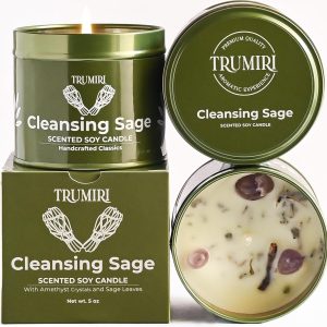 Sage Candle for Cleansing House Negative Energy Smudge Kit - 5oz Soy Wax Natural Clean Organic Non Toxic - Aromatherapy Spiritual Meditation Gifts - Long Lasting Highly Scented Candel with Crystals