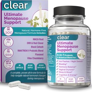 Clear Ultimate Menopause Support for Women - Herbal, Vitamin & Probiotic Blend for Hot Flashes, Night Sweats, Vaginal Dryness & Hormone Balance - Black Cohosh, Maca, DIM, Vitex, Dong Quai - 60 Caps