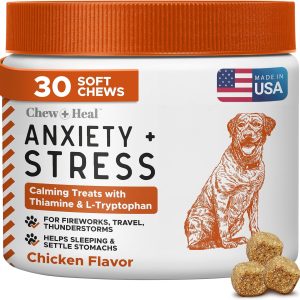 Calming Chews for Dogs - 30 Anxiety Relief Treats for Fireworks, Thunder, and Storms - Natural Dog Calming Treats for Large and Small Breeds with Thiamine, L-Tryptophan, Ginger, and Melatonin