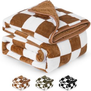 Reepow Fleece Sherpa Weighted Blanket for Adults 15 lbs 48" x 72" Twin Size, Soft Plush Warm Weighted Blanket, Heavy Bed Blanket with Ceramic Beads, Machine Washable, Khaki & White Checkered Pattern