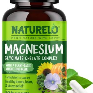 NATURELO Magnesium Glycinate Chelate Complex - 200 mg Magnesium with Organic Vegetables to Support Sleep, Calm, Muscle Cramp & Stress Relief - Gluten Free, Non GMO - 120 Capsules