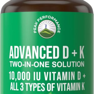 Peak Performance Advanced Vitamin D 10000 IU with All 3 Types of Vitamin K Capsules 10,000 IU Vitamin D3 and Vitamin K2, K1, MK-7 (MK7), MK4 Supplement. 60 Small and Easy to Swallow Pills