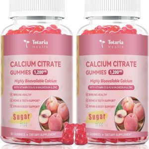 2 Pack Calcium Citrate Gummies 1200 mg - Calcium Supplements for Women with Vitamin D3 & K2,Magnesium,Zinc - Sugar Free Calcium Gummies for Bone & Teeth & Immune Support- Peach Flavor