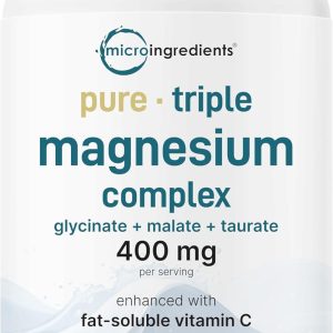 Micro Ingredients Pure Magnesium Complex, 300 Capsules | Triple Magnesium Glycinate, Malate, Taurate with Vitamin C | 100% Chelated | Supports Muscles, Nerves, & Energy | Only Active Ingredients