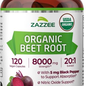 Zazzee USDA Organic Beet Root 8000 mg Strength 20:1 Extract, 120 Vegan Quick Release Capsules, Black Pepper Extract for Enhanced Absorption, Supports Nitric Oxide Production, Non-GMO, Made in The USA
