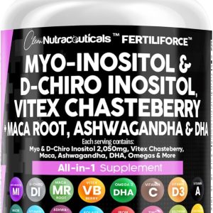 Clean Nutraceuticals Myo-Inositol & D-Chiro Inositol 2050mg Fertility Supplement 40:1 Ratio - Prenatal Vitamins for Women with Ashwagandha Maca Root Vitex Chasteberry Iron DHA Folic Acid DIM Zinc (1)