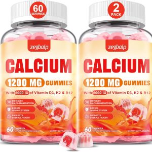Calcium 1200 mg with Vitamin D3 Supplement for Adults - Calcium Gummies with Vitamin D3 5000IU, K2, B12 for Women Men - Extra Absorption Calcium Citrate - Natural Strawberry Flavor, 120 Gummies