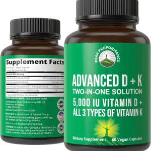 Peak Performance Advanced Vitamin D 5000 IU with All 3 Types of Vitamin K Vitamin D3 and Vitamin K2, K1, MK-7 (MK7), MK4 Supplement. 60 Small and Easy to Swallow Vegetable Pills (5000 IU)