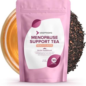 VoomVaya Menopause Support Tea - Natural Menopause Relief for Women with Red Clover & Black Cohosh - Alleviates Hot Flashes, Night Sweats, Mood Swings - Peach Flavor - 30 Teabags
