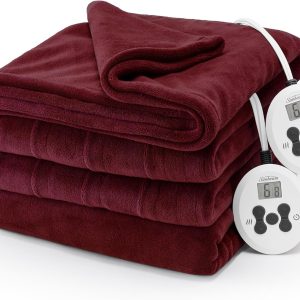Sunbeam Electric Royal Luxe Microplush Heated Blanket 12 Heat Settings, 12-Hour Selectable Auto Shut-Off, Fast Heating, Warm and Cozy, Dark Cherry Color, Queen, 90" x 84"