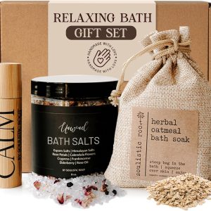 Relaxing Bath Gift Set, Luxury Spa Gifts for Women, Self Care Products for Women and Men, Calm Essential Oil Roller, Oatmeal Lavender Bath Soak & Epsom Salts with Essential Oils
