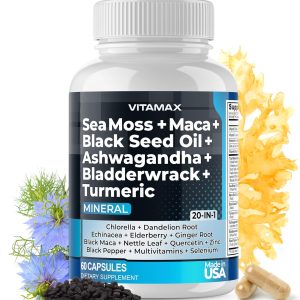 Sea Moss Maca Black Seed Oil Ashwagandha Bladderwrack Turmeric - Manuka Honey, Elderberry, Vitamin C & D3, Dandelion & Black Pepper - Non-GMO - Vegan - Made in USA - 60ct