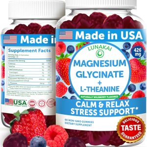 Lunakai USA Made Magnesium Glycinate Gummies 426mg with L-Theanine – Calm, Sleep, Stress Relief for Adults & Kids, Non-GMO, Vegan, 60ct