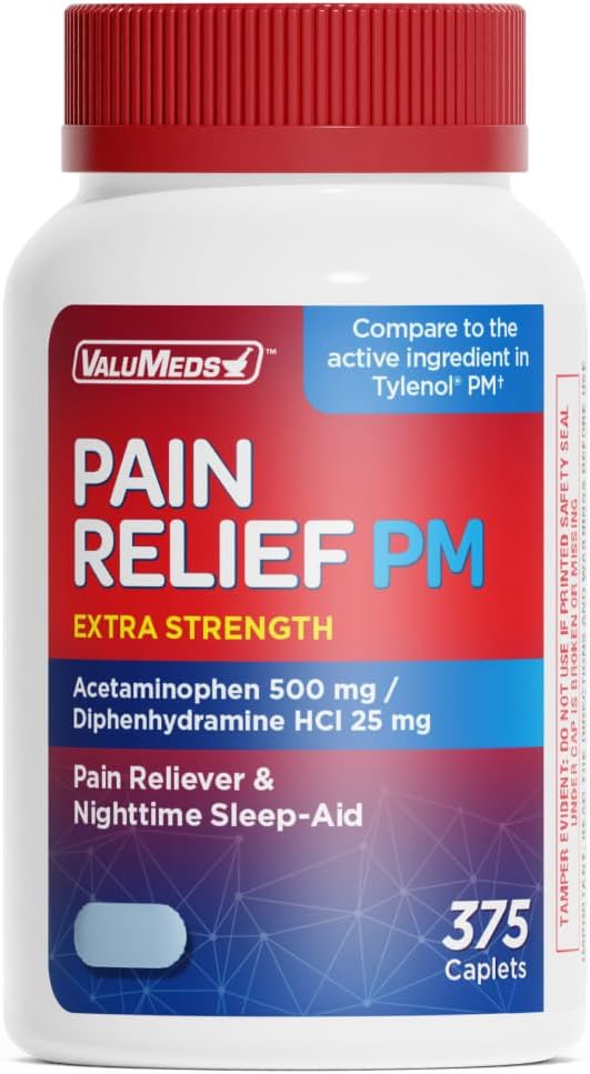 ValuMeds PM Pain Reliever and Nighttime Sleep Aid (375 Count) Generic Acetaminophen 500mg | Fast-Acting Extra Strength Relief for Headaches, Migraines, Aches | Non-Habit Forming Compare to Tylenol PM
