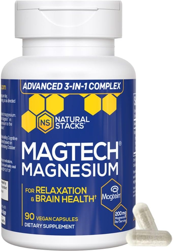 MagTech Magnesium Supplement - 3 Forms of Magnesium: Magtein L-Threonate, Glycinate & Taurate - 200mg Chelated Magnesium Complex - Supports Relaxation & Brain Health - 90 Capsules