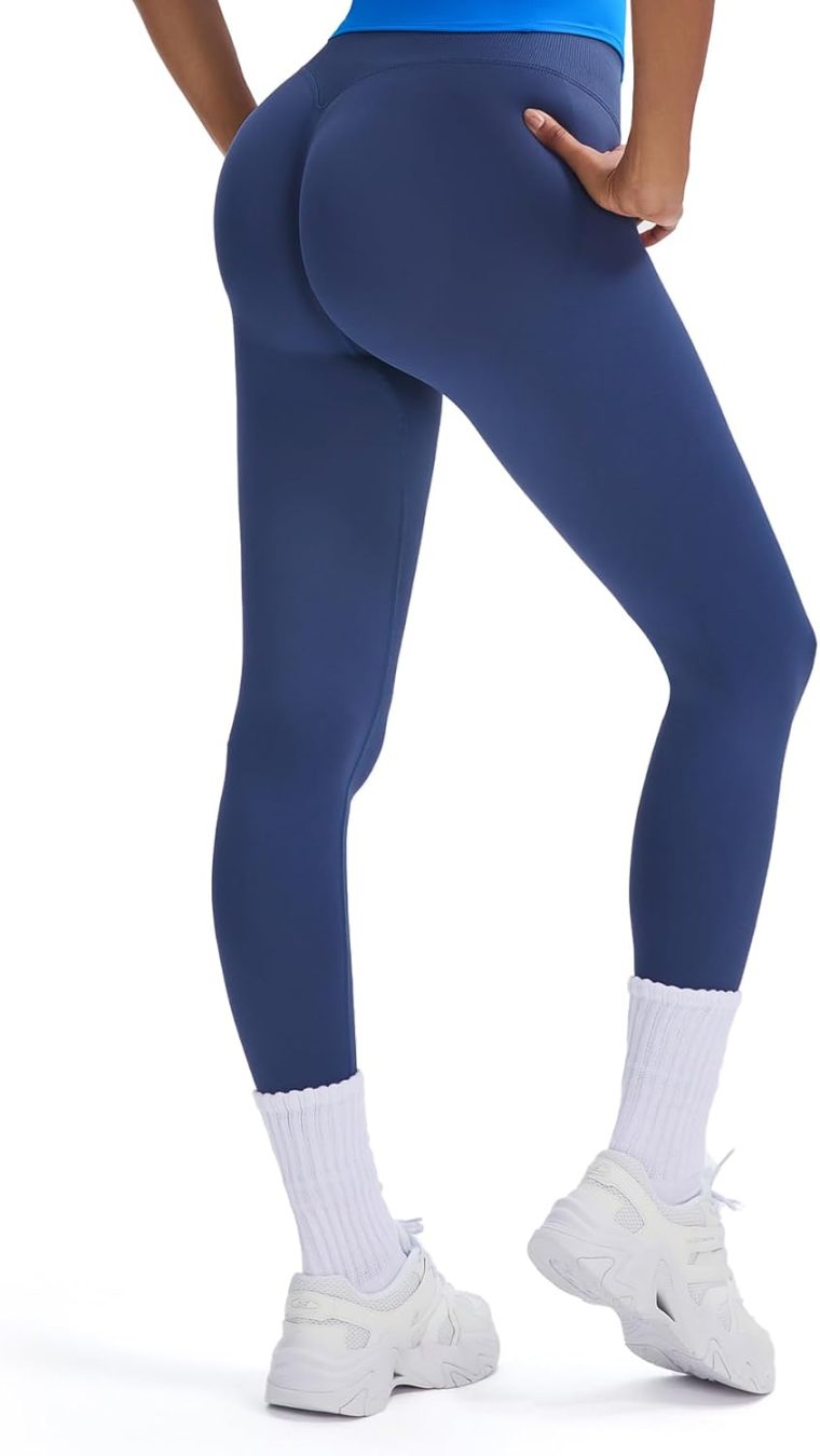 Aoxjox Women's Sienna Twist Deep V Workout Crop T Shirt Top (Fudge Coffee, Large) & Impact Seamless Hidden Scrunch Butt Lifting Low Waist Yoga Pants (Navy, Large) - Image 5