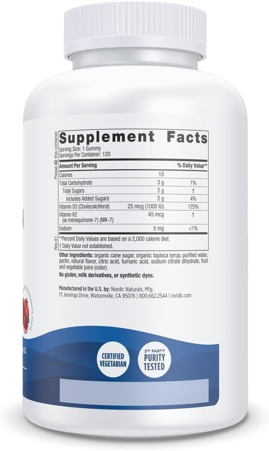 Nordic Naturals Vitamin D3 + K2 Gummies, Pomegranate - 120 Gummies - 1000 IU Vitamin D3 + 45 mcg K2- Great Taste - Bone Health, Promotes Healthy Muscle Function - Non-GMO - 120 Servings - Image 2
