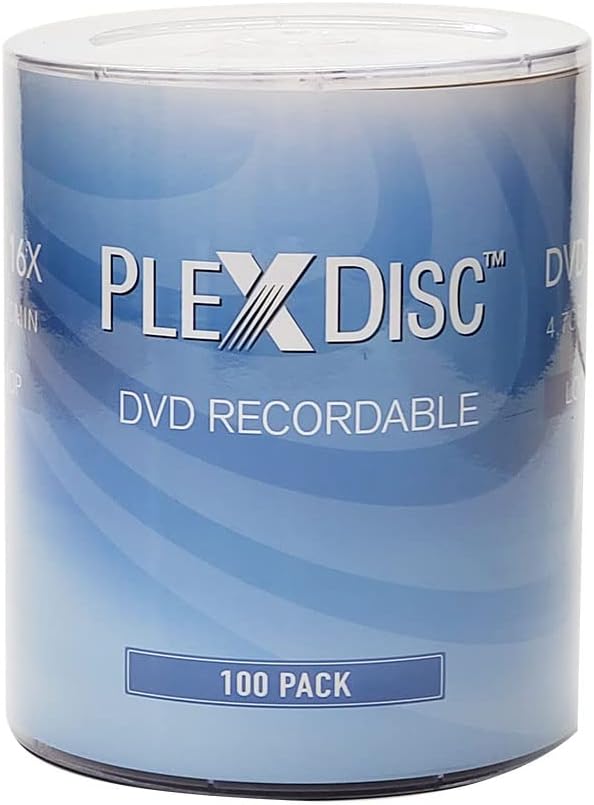 PlexDisc DVD-R 4.7GB 16x Branded Logo Recordable Media Disc - 100 Disc (No Container) FFP, Writable Blank DVDs for Movies, Music, Data Files - Blank DVD Discs 100 Pack