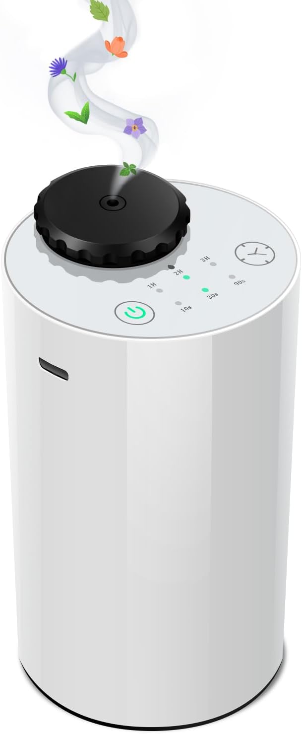 Waterless Essential Oil Diffuser Aromatherapy Scent Diffusers for Home Large Room, Bedroom, Car, Office, Desk, Battery Operated Mini Portable Air Freshener,4 Timers & 3 Mist Levels (White)