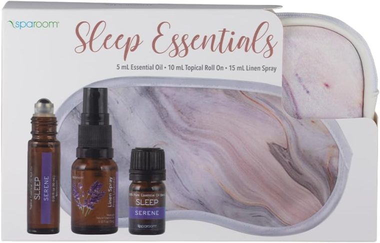SpaRoom Serene Essential Oil Travel Kit with Eye Mask and Bag; Linen Spray, Essential Oil and Topical Roll-on, Pink Marble - Image 8