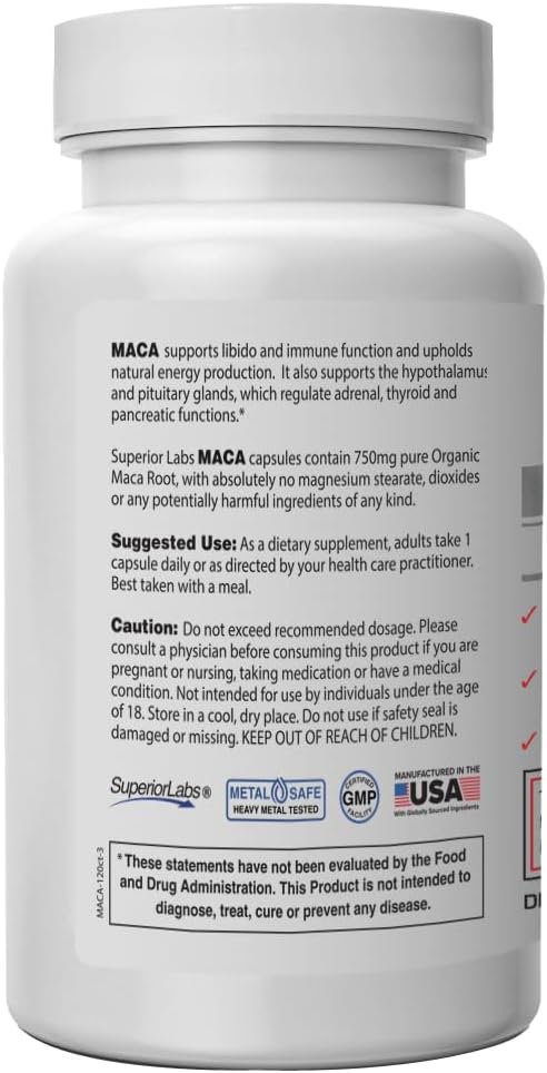 Superior Labs - Organic Peruvian Maca - 100% Pure NonGMO - Dietary Supplement for Calming and Relaxation - Zero Synthetic Additives, Stearates, Dioxides - 750mg, 120 Vegetable Capsules - Image 2