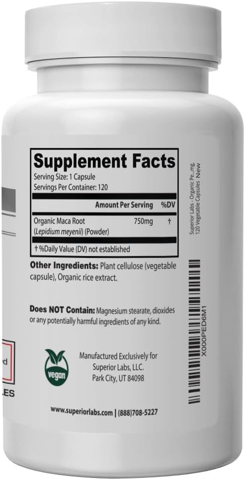 Superior Labs - Organic Peruvian Maca - 100% Pure NonGMO - Dietary Supplement for Calming and Relaxation - Zero Synthetic Additives, Stearates, Dioxides - 750mg, 120 Vegetable Capsules - Image 3