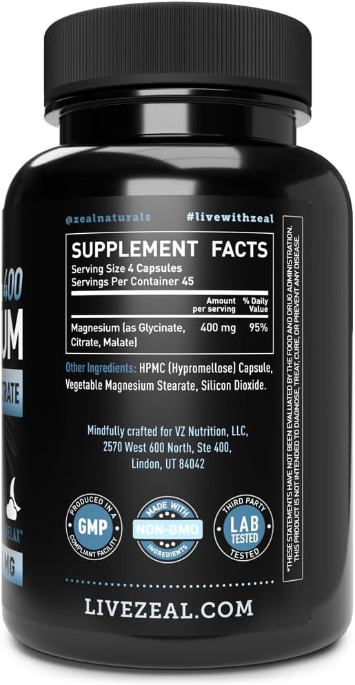 Premium Chelated Magnesium Glycinate, Malate, Citrate (400mg | 180 Capsules) Triple Blend Magnesium Complex - Image 4