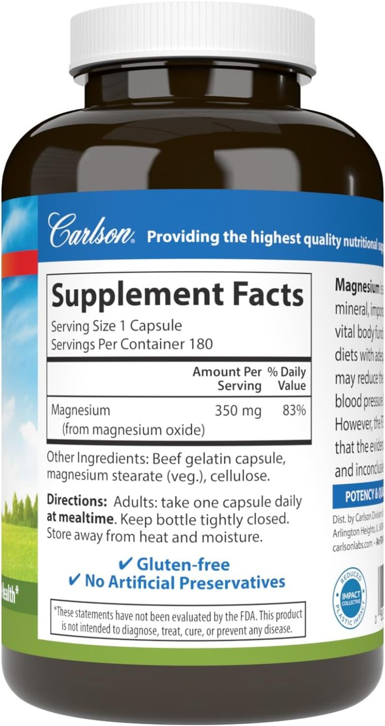 Carlson - Magnesium, 350 mg, Cardiovascular Support, Muscle Function & Nerve Health, 180 capsules - Image 6
