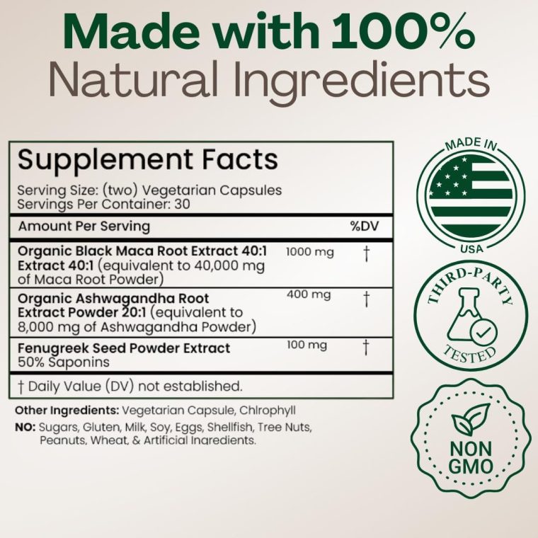 MACAPLUS+ Black Maca Root + Ashwagandha + Fenugreek - #1 Highest Potency Black Maca Root 40,000mg 40x Strength Organic Capsules for Men and Women Supplement 100% Pure Maca Peruana 40:1 Powder Pills - Image 6