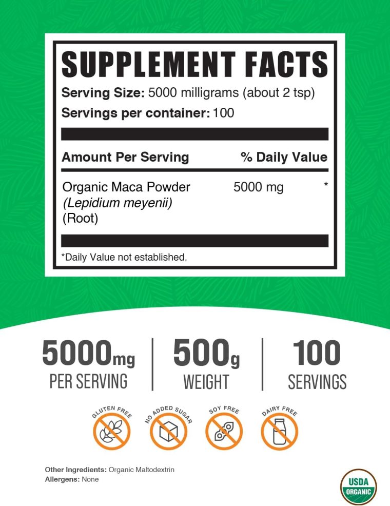 BulkSupplements.com Organic Maca Powder - Maca Supplement, Maca Root Powder - Superfood, Maca Powder Organic - Gluten Free, 5000mg per Serving, 500g (1.1 lbs) (Pack of 1) - Image 2