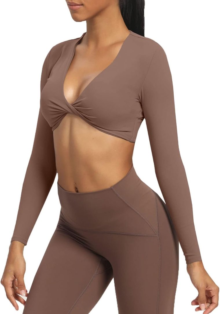 Aoxjox Women's Sienna Twist Deep V Workout Crop T Shirt Top (Fudge Coffee, Large) & Impact Seamless Hidden Scrunch Butt Lifting Low Waist Yoga Pants (Navy, Large) - Image 8
