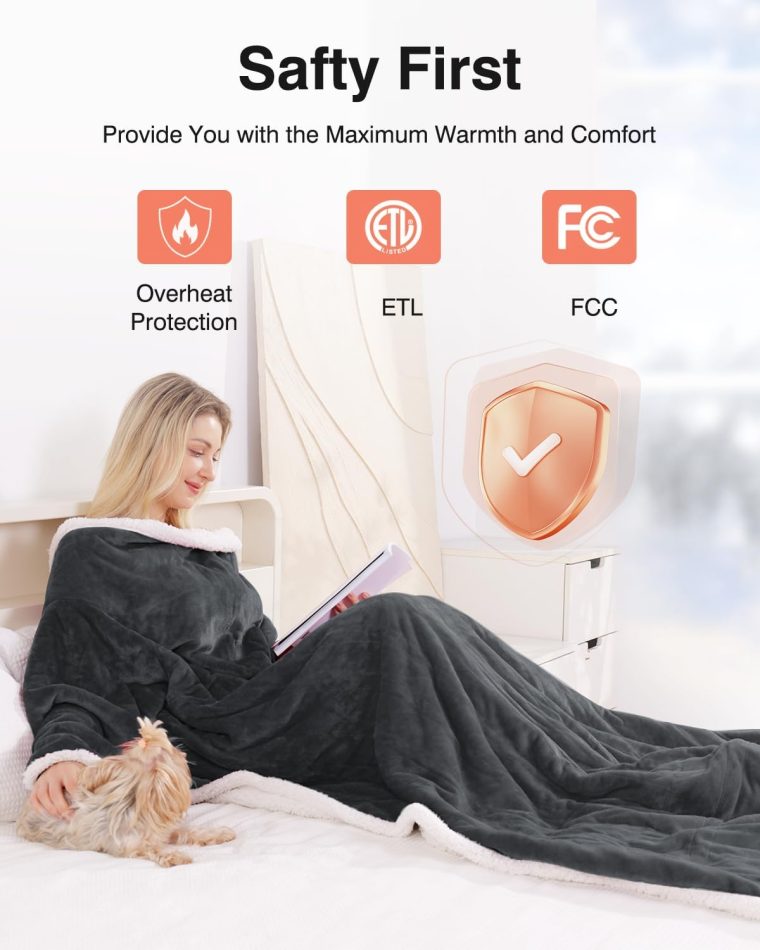 Wearable Heated Blanket with Sleeves, Electric Heated Blanket for Gifts, Electric Throw Wrap Poncho Shawl with Pockets, 6 Heating Levels & 4 Hours Time Settings, 50 x 70 Inch (Grey) - Image 5
