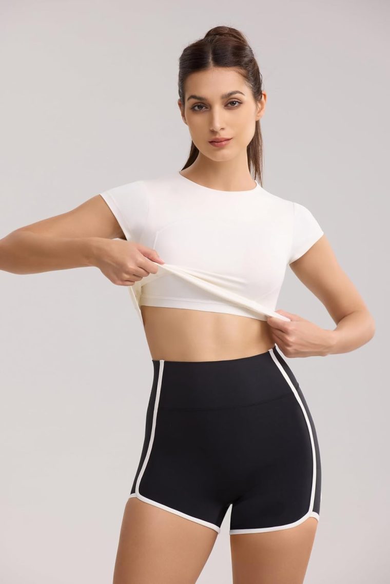 Workout Crop Tops for Women Yoga Short Sleeve Mild Support Slim Fit Cropped Athletic Shirts Gym Tee Built in Bra - Image 3