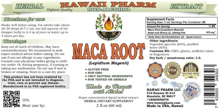 Hawaii Pharm Maca Root Alcohol-Free Liquid Extract, Organic Maca (Lepidium Meyenii) Whole Dried Plant Glycerite Natural Herbal Supplement, USA 2oz - Image 2