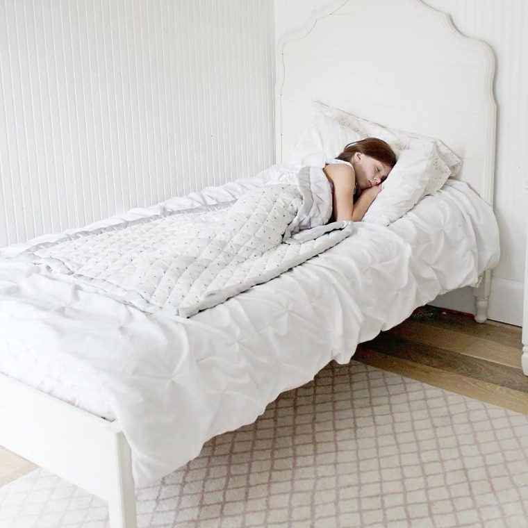 DREAMLAND BABY 4lb Weighted Blanket for Kids. Breathable Dual Fabrics with Minky Cooling Side & Cozy Microfleece on Reverse. Ages 3+ and/or 30+ lbs (White with Grey Stars) - Image 6