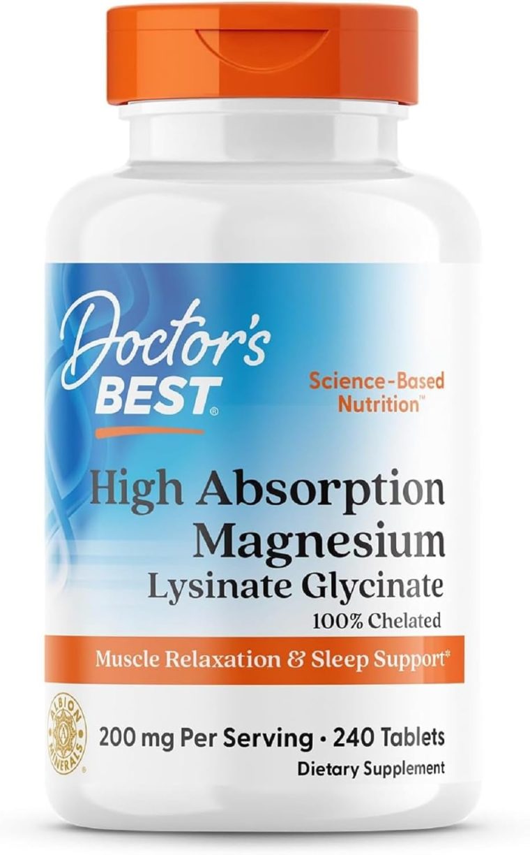 Doctors BEST High Absorption Magnesium Lysinate Glycinate 100% Chelated, Muscle Relaxation & Sleep Support, Non-GMO, Gluten Free, Soy Free, Vegan, 100% Chelated 240 Tablets