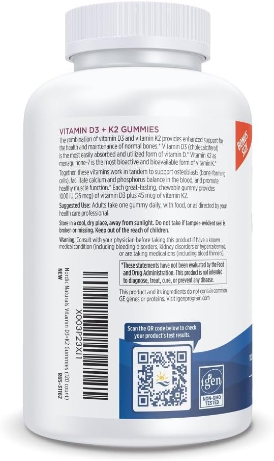 Nordic Naturals Vitamin D3 + K2 Gummies, Pomegranate - 120 Gummies - 1000 IU Vitamin D3 + 45 mcg K2- Great Taste - Bone Health, Promotes Healthy Muscle Function - Non-GMO - 120 Servings - Image 3